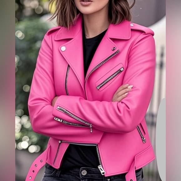 Jackets & Blazers - Women's Pink Moto Jacket - Stylish Biker Coat
